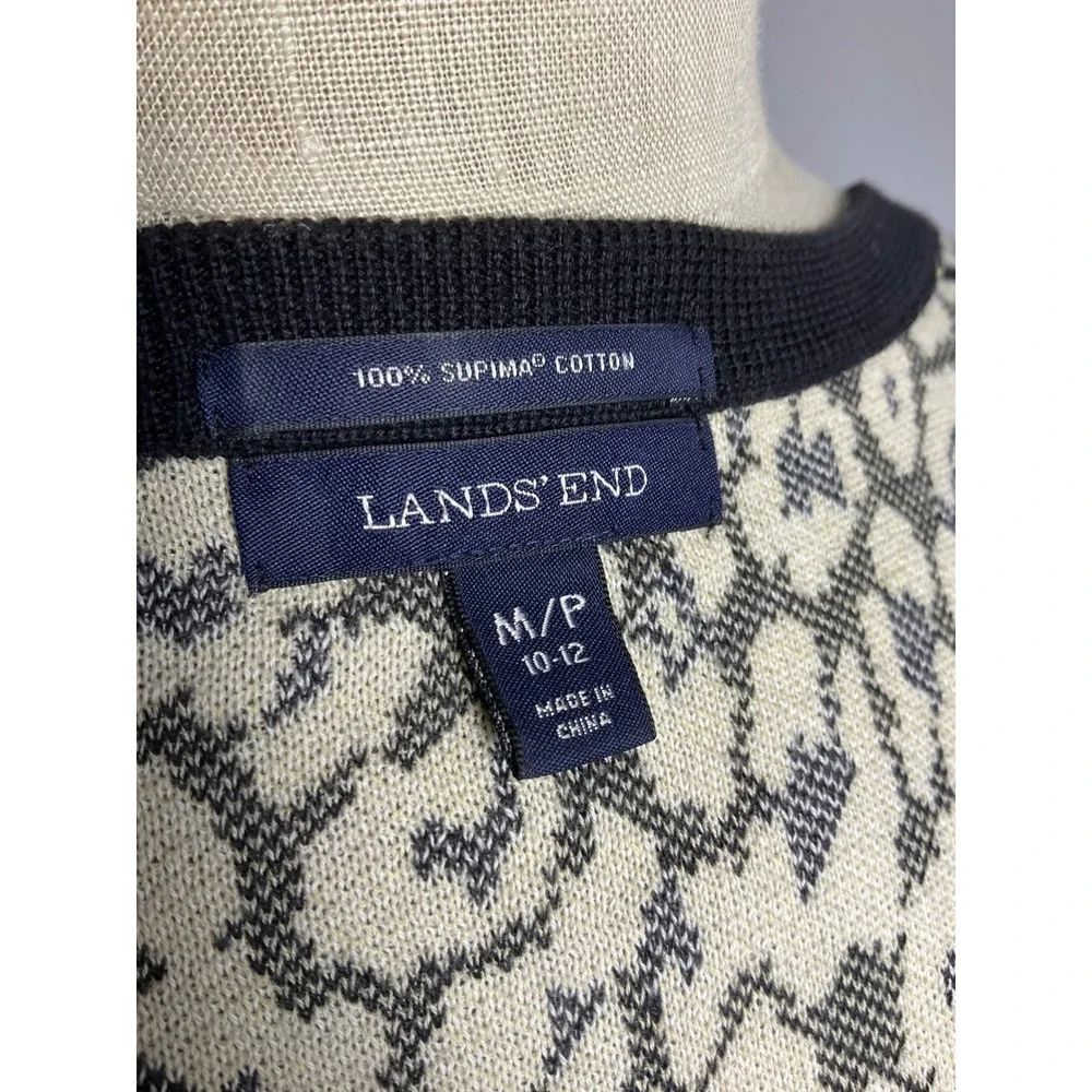 Lands End Womens Leopard Print Supima Cotton Cardigan Sweater Black Tan Medium